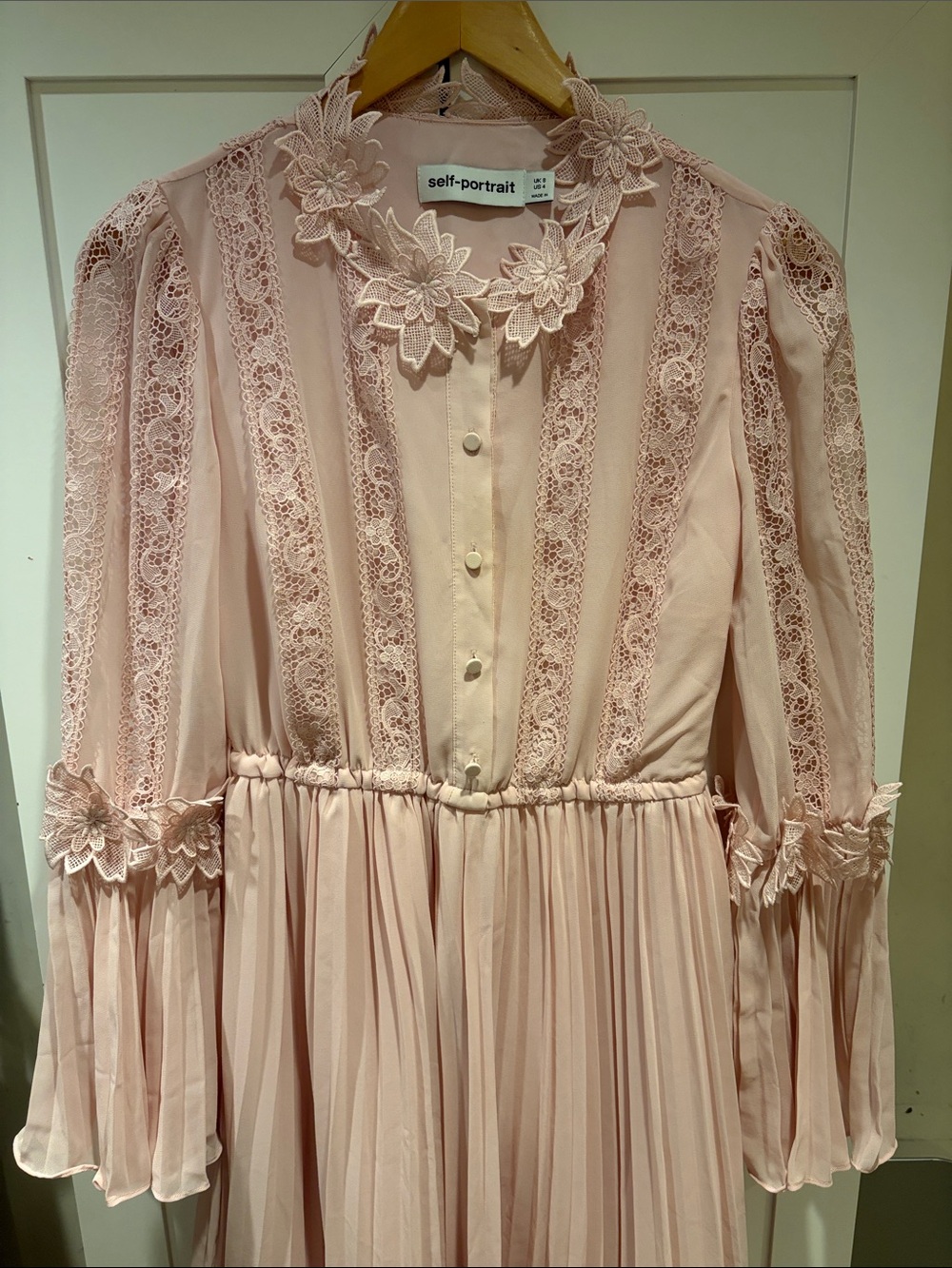 Self-Portrait Blush pink Floral Lace pleated belle sleeves long dress gown sz 4 - Picture 4 of 7